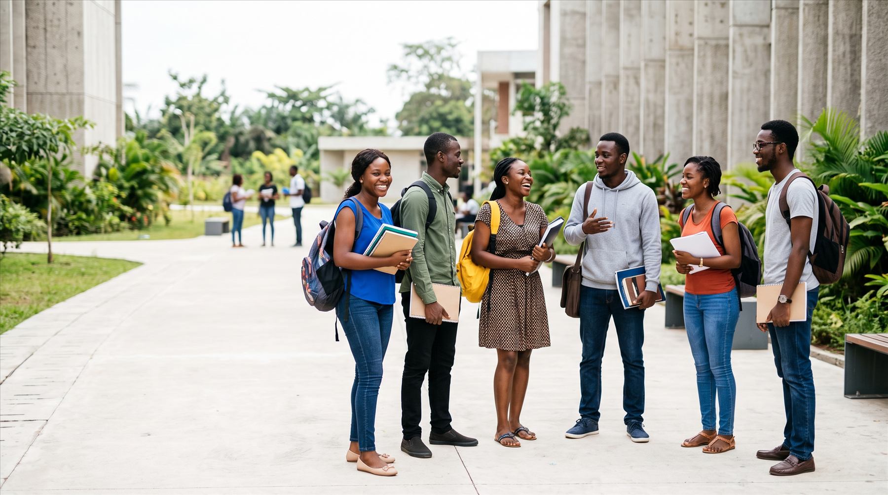 Un groupe d’étudiants discute sur une allée du campus.
