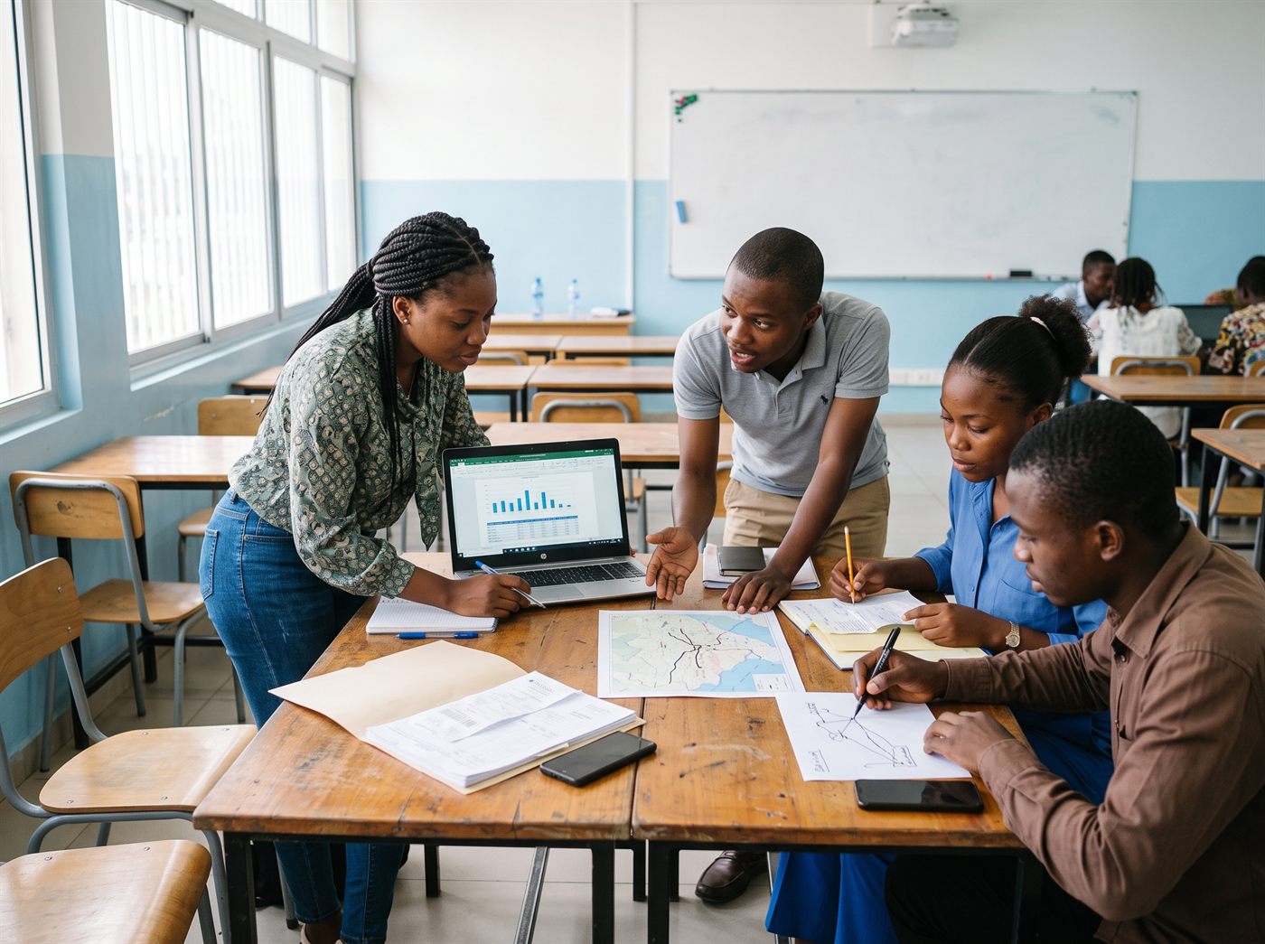 Quatre étudiants travaillent ensemble sur un même projet : tableur, factures, tracé d’itinéraire et schéma.