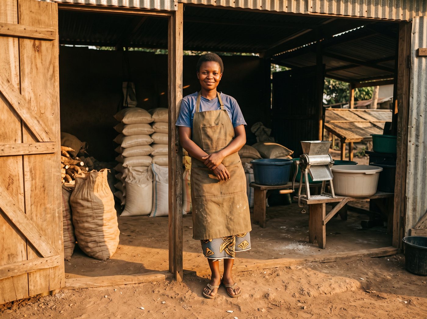 Une jeune entrepreneure en tablier se tient à l’entrée de son atelier de transformation de manioc.